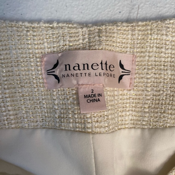NANETTE LEPORE Ivory Tweed Ruffle Skirt Suit Set Blazer Preppy Metallic - Picture 6 of 12
